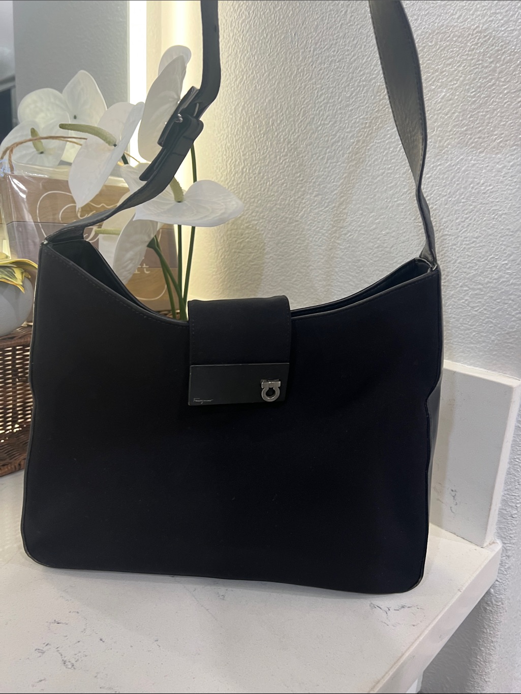 Salvatore Ferragamo Black Shoulder Bag With Silver Accent. Canvas And Leather